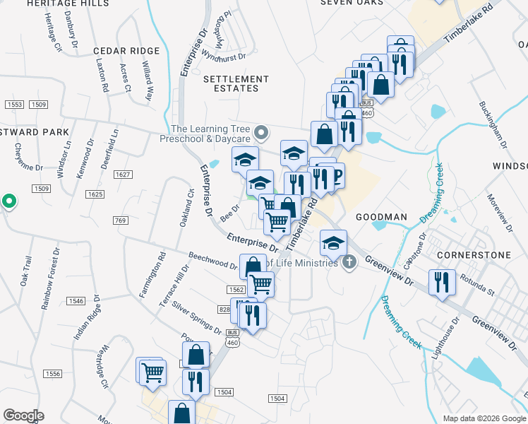 map of restaurants, bars, coffee shops, grocery stores, and more near 155 Bee Drive in Lynchburg