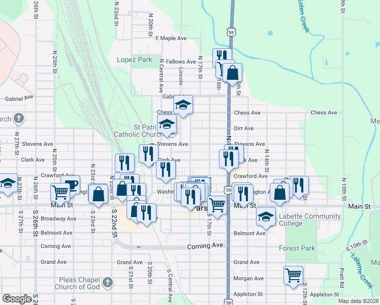 map of restaurants, bars, coffee shops, grocery stores, and more near 449 N 18th St in Parsons