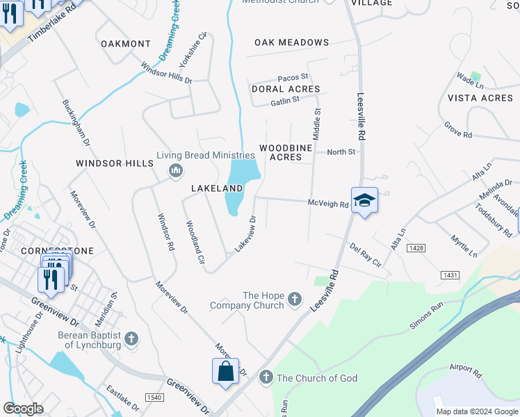 map of restaurants, bars, coffee shops, grocery stores, and more near 1028 Lakeview Drive in Lynchburg