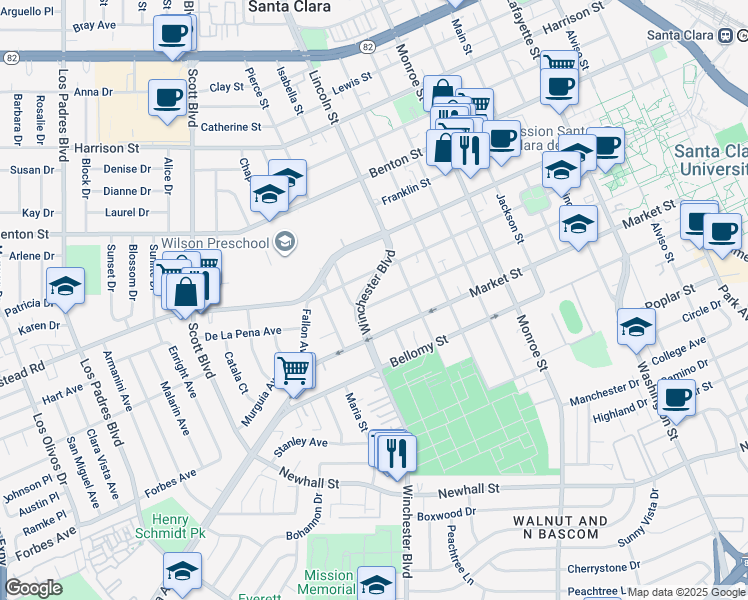 map of restaurants, bars, coffee shops, grocery stores, and more near 1667 Santa Clara Street in Santa Clara