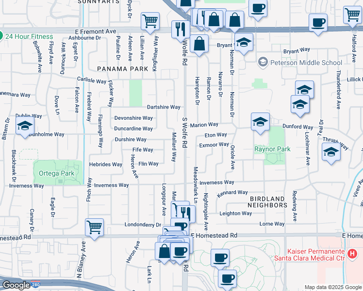 map of restaurants, bars, coffee shops, grocery stores, and more near 1535 South Wolfe Road in Sunnyvale