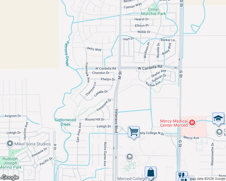 map of restaurants, bars, coffee shops, grocery stores, and more near 4260 Lasalle Drive in Merced