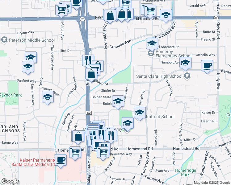 map of restaurants, bars, coffee shops, grocery stores, and more near 3494 Shafer Drive in Santa Clara