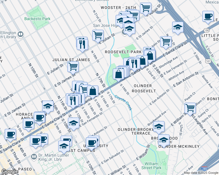 map of restaurants, bars, coffee shops, grocery stores, and more near East Santa Clara Street in San Jose