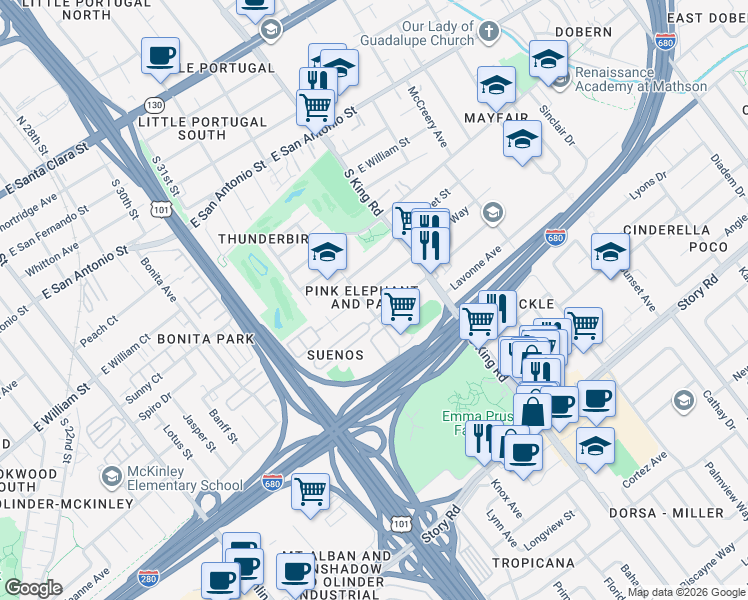 map of restaurants, bars, coffee shops, grocery stores, and more near 1594 Virginia Place in San Jose