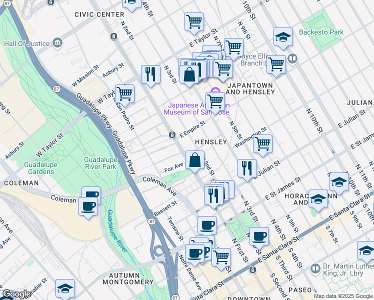 map of restaurants, bars, coffee shops, grocery stores, and more near 460 North First Street in San Jose