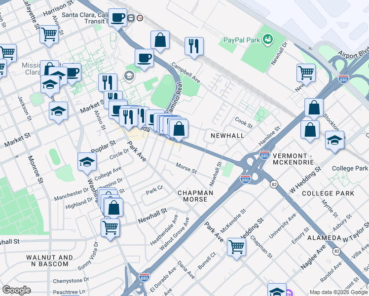 map of restaurants, bars, coffee shops, grocery stores, and more near 2201 The Alameda in Santa Clara