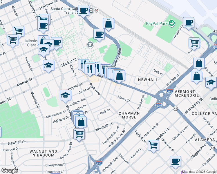 map of restaurants, bars, coffee shops, grocery stores, and more near 550 Hilmar Street in Santa Clara