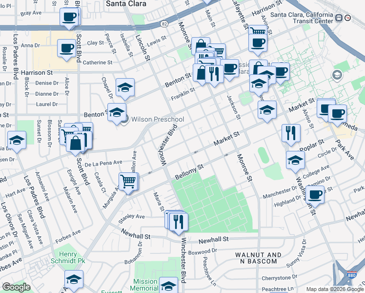 map of restaurants, bars, coffee shops, grocery stores, and more near 674 Lincoln Street in Santa Clara
