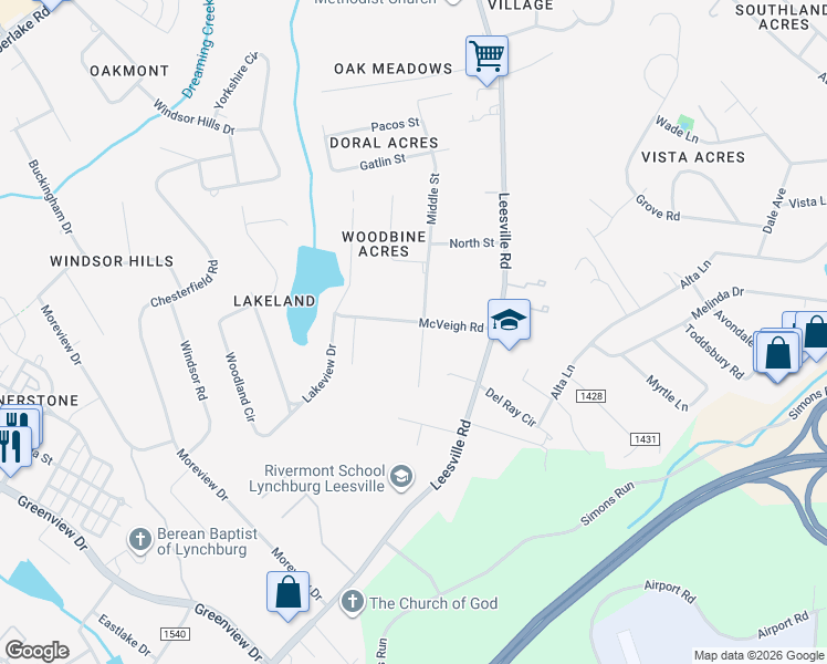 map of restaurants, bars, coffee shops, grocery stores, and more near 801 Middle Street in Lynchburg