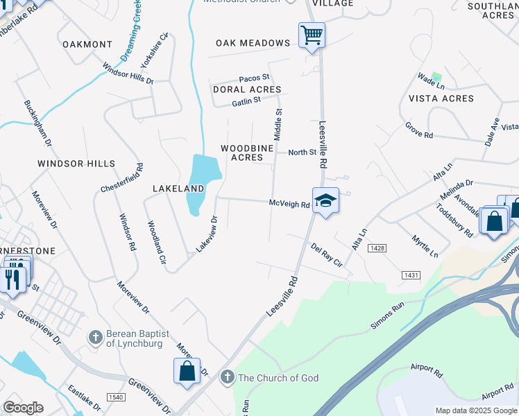 map of restaurants, bars, coffee shops, grocery stores, and more near 1605 McVeigh Road in Lynchburg
