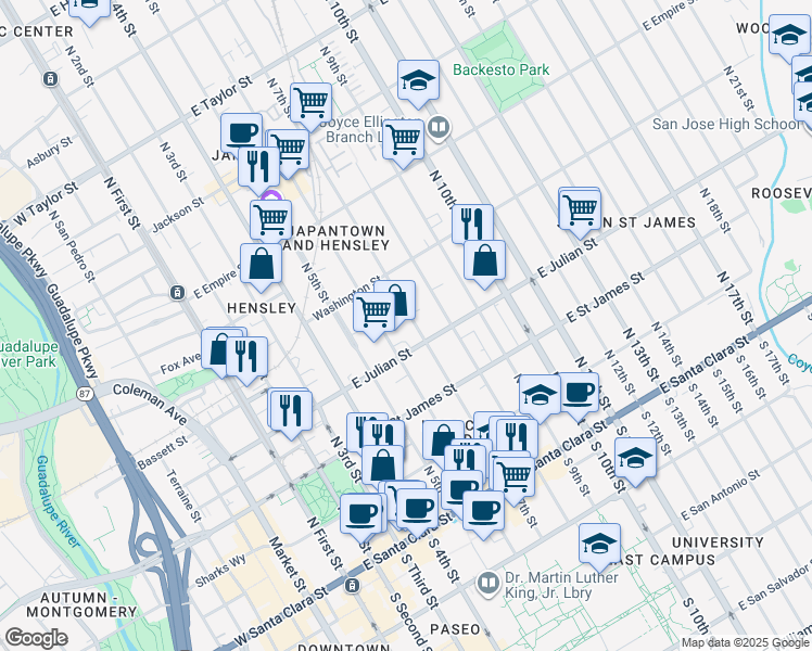 map of restaurants, bars, coffee shops, grocery stores, and more near 329 North 7th Street in San Jose