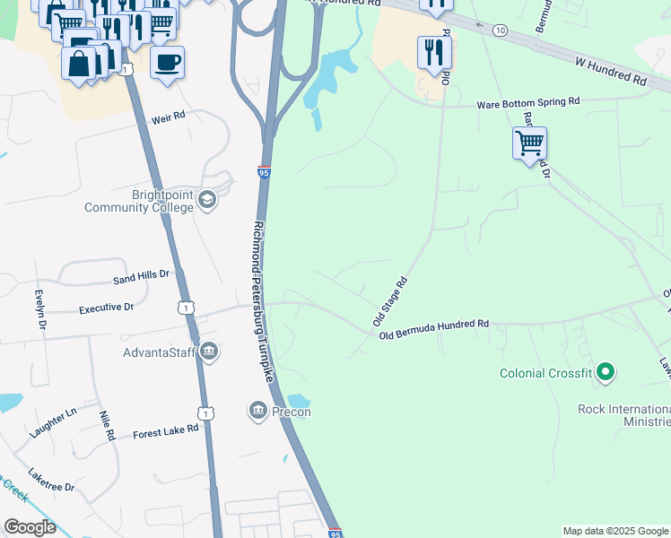 map of restaurants, bars, coffee shops, grocery stores, and more near 13412 Bermuda Place Drive in Chester