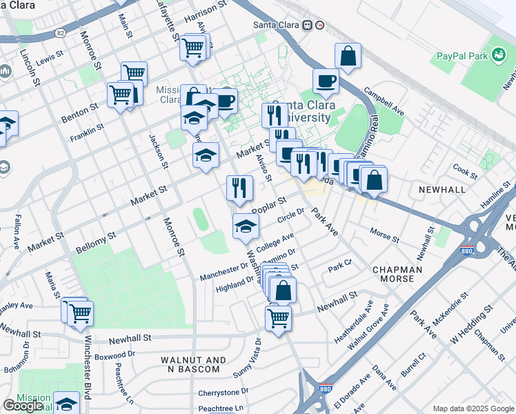 map of restaurants, bars, coffee shops, grocery stores, and more near 885 Poplar Street in Santa Clara