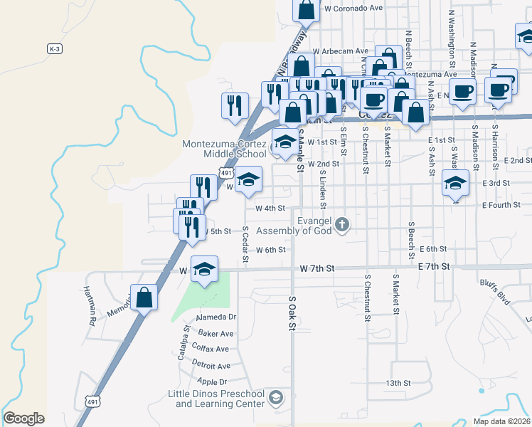 map of restaurants, bars, coffee shops, grocery stores, and more near 507 West 4th Street in Cortez