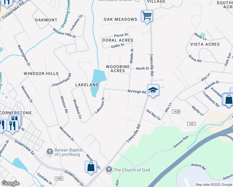 map of restaurants, bars, coffee shops, grocery stores, and more near 1605 McVeigh Road in Lynchburg