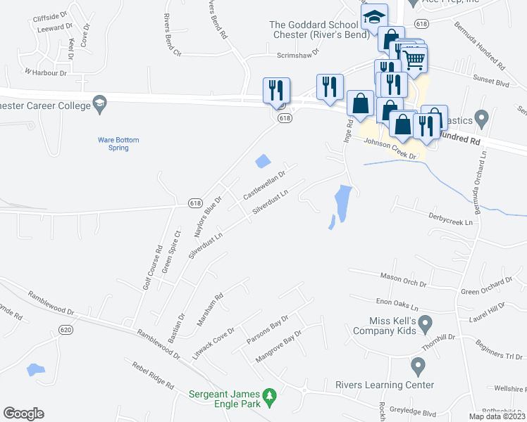 map of restaurants, bars, coffee shops, grocery stores, and more near 13331 Silverdust Lane in Chester