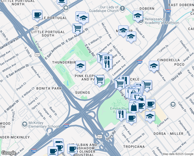 map of restaurants, bars, coffee shops, grocery stores, and more near 1633 Virginia Avenue in San Jose