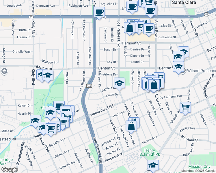 map of restaurants, bars, coffee shops, grocery stores, and more near 927 Elizabeth Drive in Santa Clara