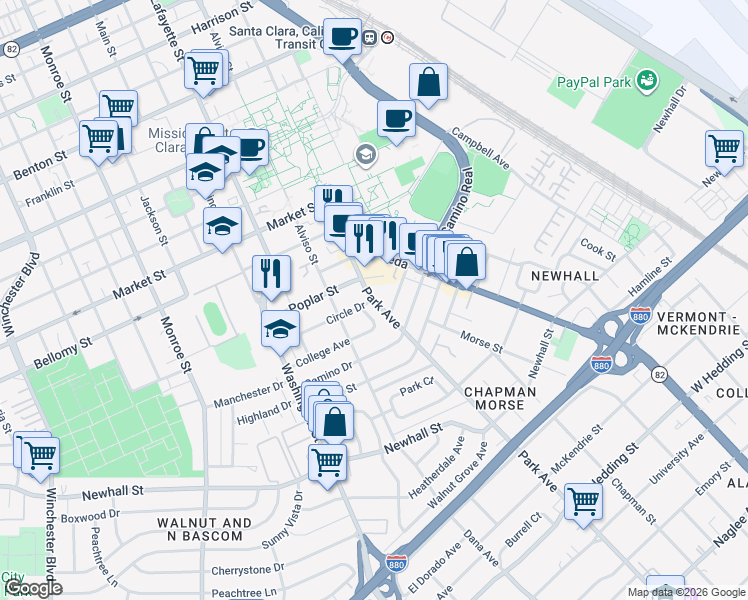 map of restaurants, bars, coffee shops, grocery stores, and more near Park Avenue & Circle Drive in Santa Clara
