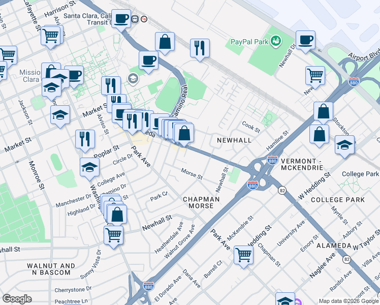 map of restaurants, bars, coffee shops, grocery stores, and more near 2201 The Alameda in Santa Clara