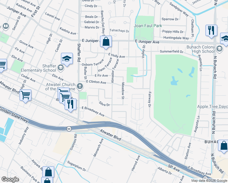 map of restaurants, bars, coffee shops, grocery stores, and more near 1456 Almador Terrace in Atwater