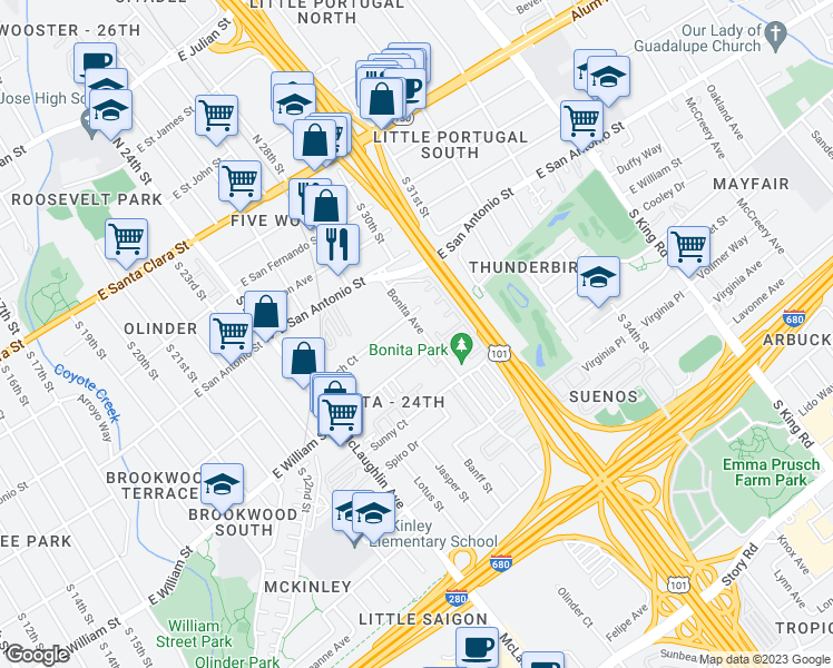 map of restaurants, bars, coffee shops, grocery stores, and more near 335 Bonita Avenue in San Jose
