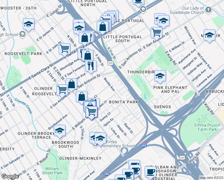map of restaurants, bars, coffee shops, grocery stores, and more near 352 Bonita Avenue in San Jose
