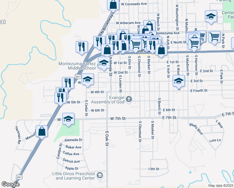 map of restaurants, bars, coffee shops, grocery stores, and more near 410 South Maple Street in Cortez