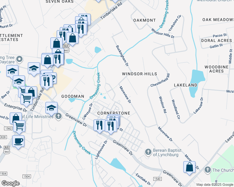 map of restaurants, bars, coffee shops, grocery stores, and more near 106 Ridgeline Ln in Lynchburg