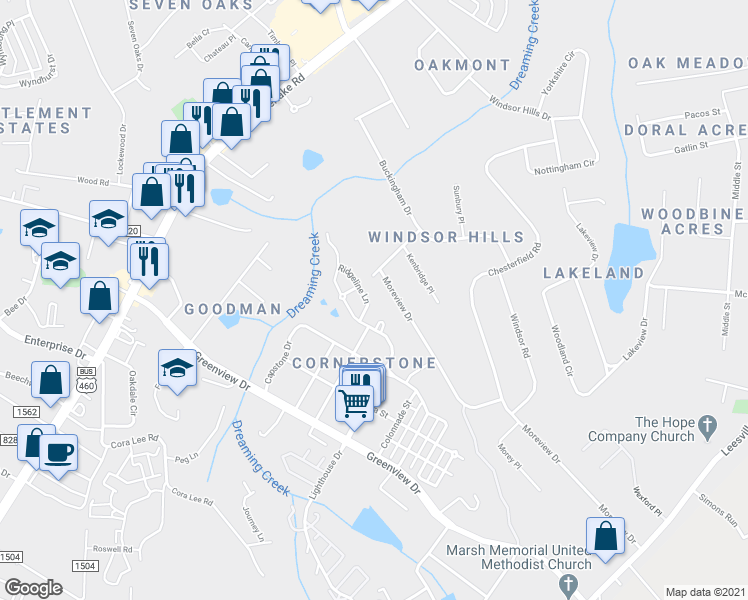 map of restaurants, bars, coffee shops, grocery stores, and more near 106 Ridgeline Ln in Lynchburg