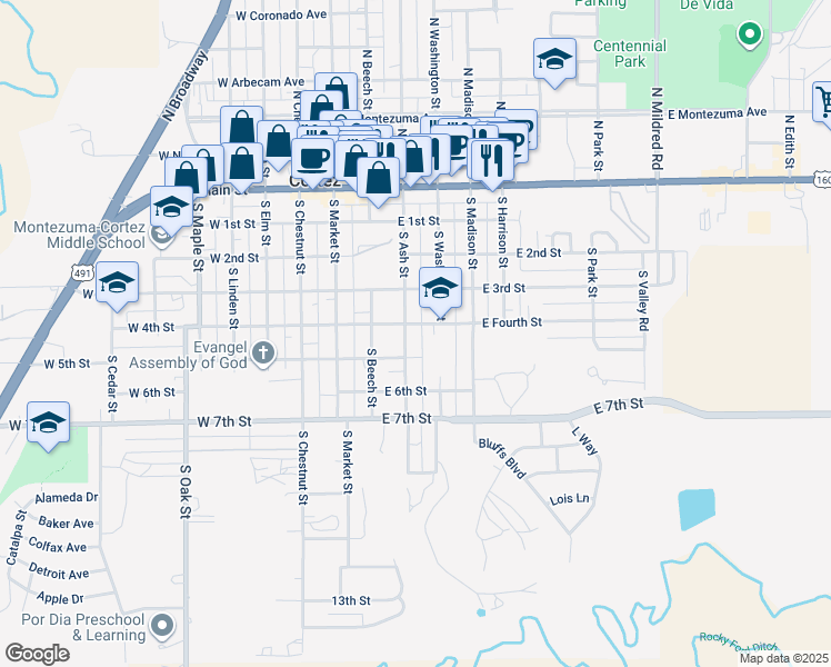 map of restaurants, bars, coffee shops, grocery stores, and more near 410 South Ash Street in Cortez