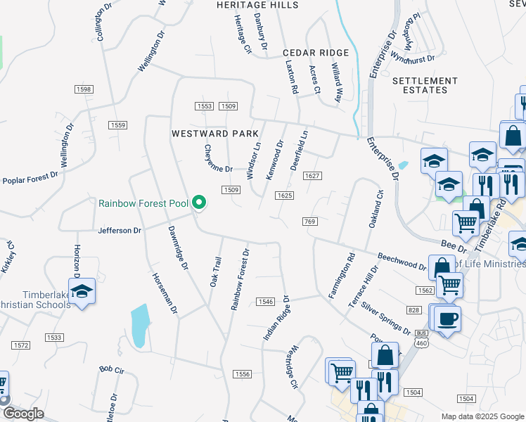 map of restaurants, bars, coffee shops, grocery stores, and more near 306 Kenwood Drive in Lynchburg