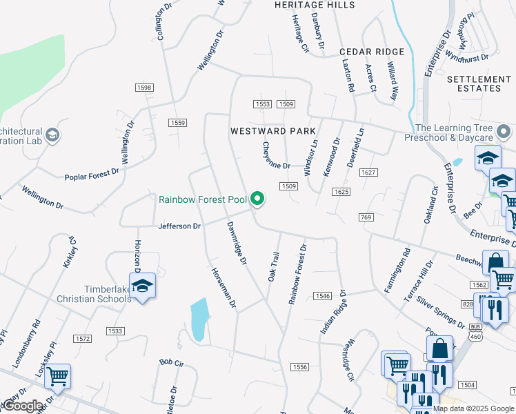 map of restaurants, bars, coffee shops, grocery stores, and more near 1057 Rainbow Forest Drive in Lynchburg