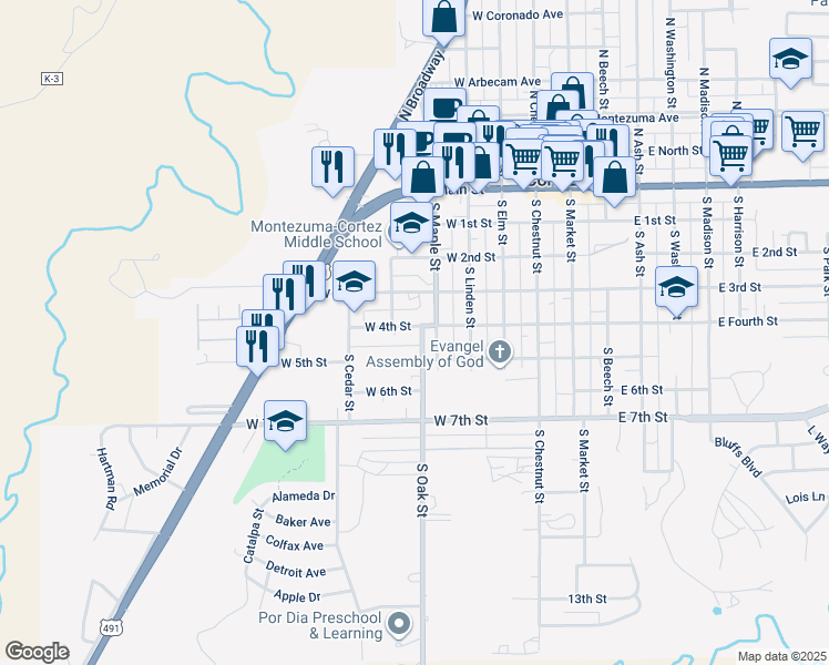 map of restaurants, bars, coffee shops, grocery stores, and more near 401 South Oak Street in Cortez
