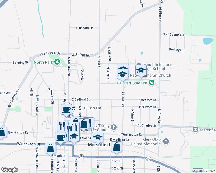 map of restaurants, bars, coffee shops, grocery stores, and more near 424 Blinn Avenue in Marshfield