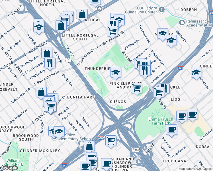 map of restaurants, bars, coffee shops, grocery stores, and more near 1509 Hermocilla Way in San Jose