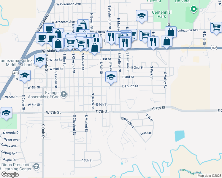 map of restaurants, bars, coffee shops, grocery stores, and more near 300 East Fourth Street in Cortez