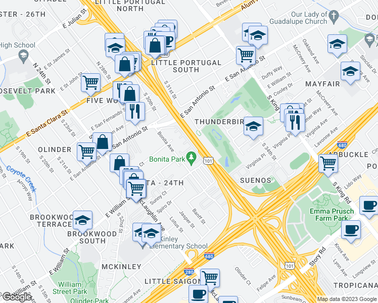 map of restaurants, bars, coffee shops, grocery stores, and more near 333 Rayos Del Sol Drive in San Jose