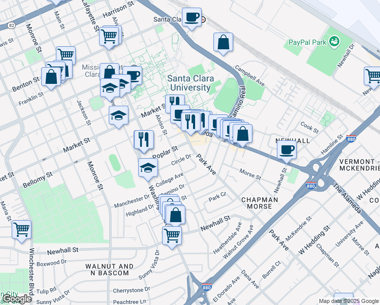 map of restaurants, bars, coffee shops, grocery stores, and more near 2675 Park Avenue in Santa Clara