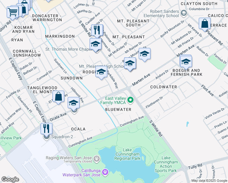 map of restaurants, bars, coffee shops, grocery stores, and more near 1848 Woodridge Way in San Jose