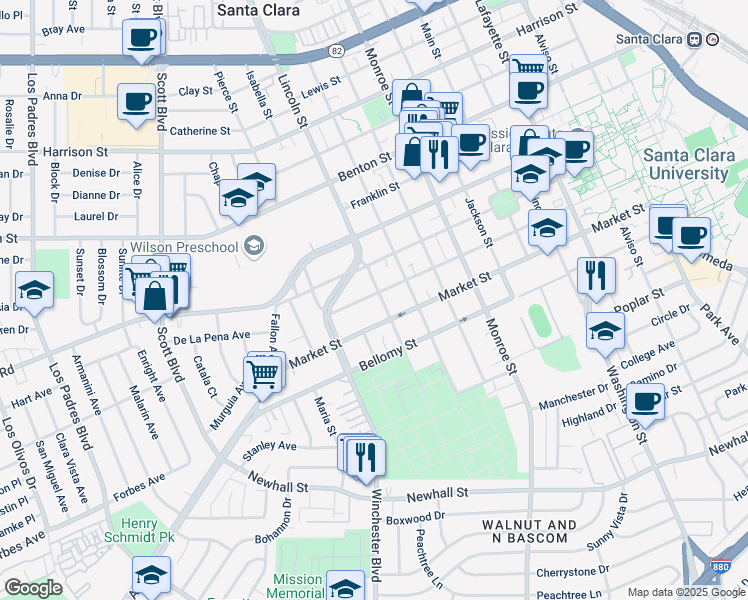 map of restaurants, bars, coffee shops, grocery stores, and more near 1610 Santa Clara Street in Santa Clara