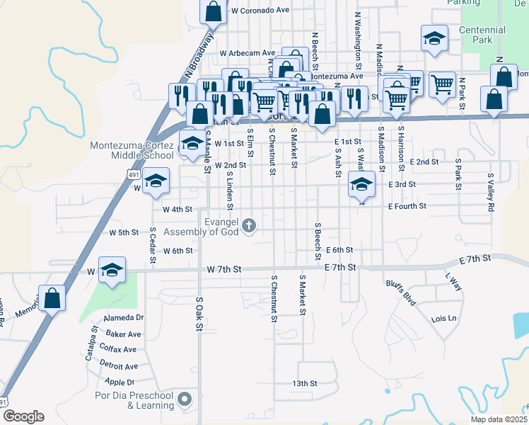 map of restaurants, bars, coffee shops, grocery stores, and more near 409-415 South Chestnut Street in Cortez