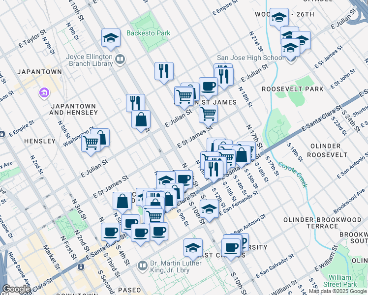 map of restaurants, bars, coffee shops, grocery stores, and more near 175 North 12th Street in San Jose
