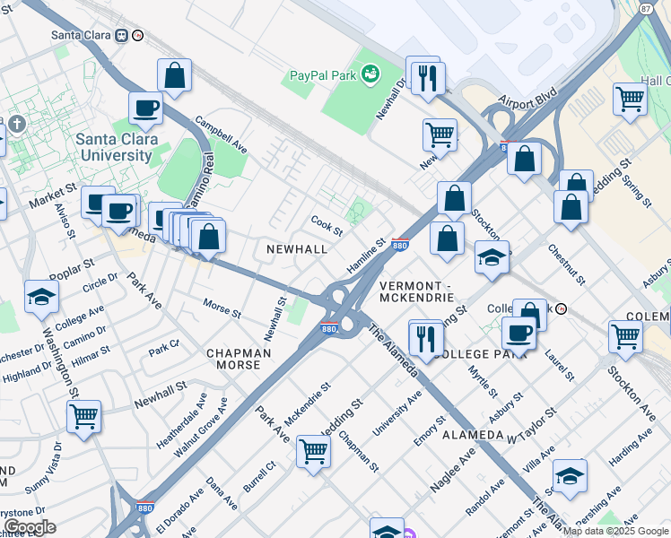 map of restaurants, bars, coffee shops, grocery stores, and more near 1075 Hamline Street in San Jose