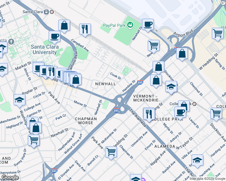 map of restaurants, bars, coffee shops, grocery stores, and more near 2076 Alameda Way in San Jose