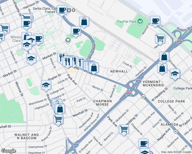 map of restaurants, bars, coffee shops, grocery stores, and more near 2201 The Alameda in Santa Clara