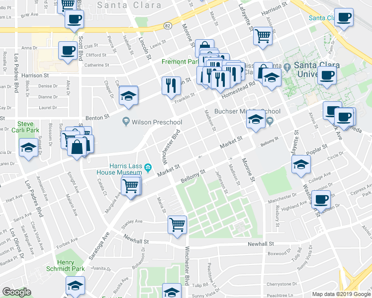 map of restaurants, bars, coffee shops, grocery stores, and more near 674 Lincoln Street in Santa Clara
