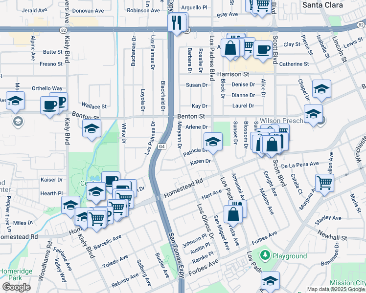 map of restaurants, bars, coffee shops, grocery stores, and more near 932 Maryann Drive in Santa Clara