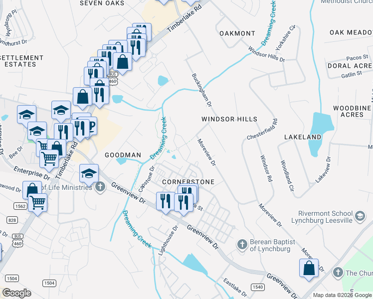 map of restaurants, bars, coffee shops, grocery stores, and more near 415 Cornerstone St in Lynchburg